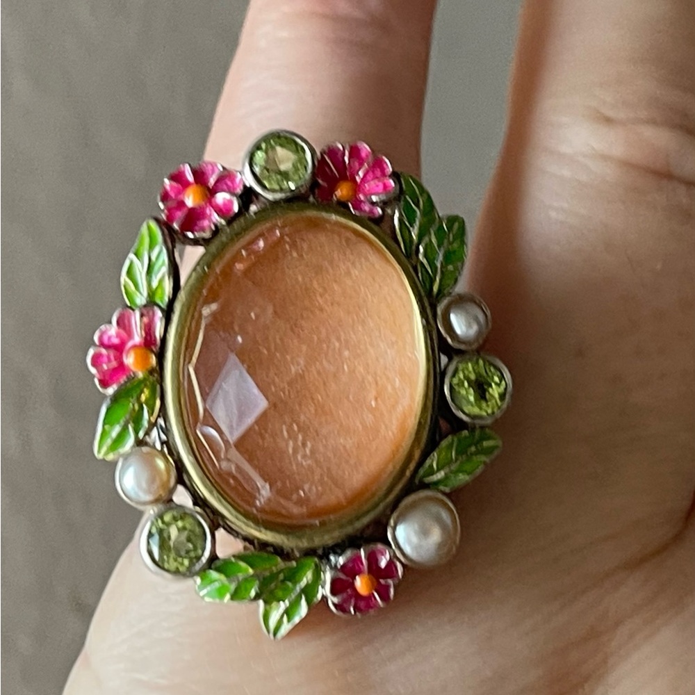 Echo of the Dreamer Floral Gemstone enamel sterling silver, bronze  ring size 6